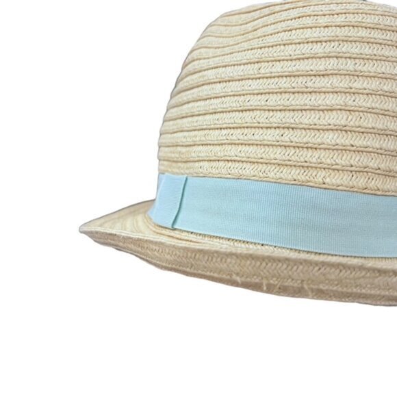 Straw Fedora Hat Preppy BOHO Cottagecore Pool Beach Travel Light Blue Ribbon - Picture 5 of 9